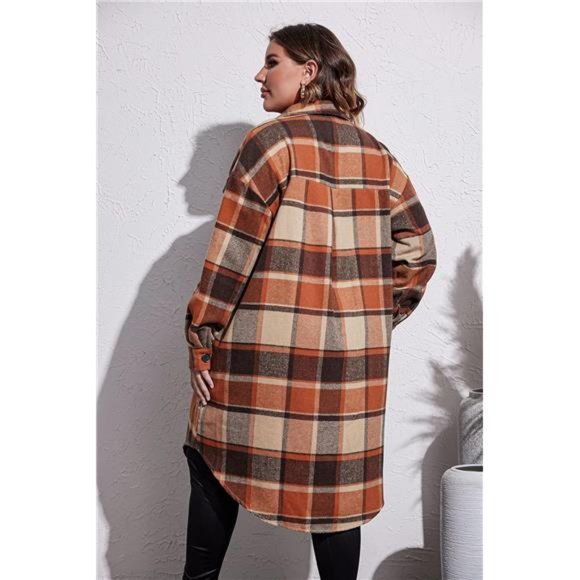 Women's Plus Size Flannel Plaid Shirts Long Sleeve Button Down Long Jacket Coats - Picture 3 of 6